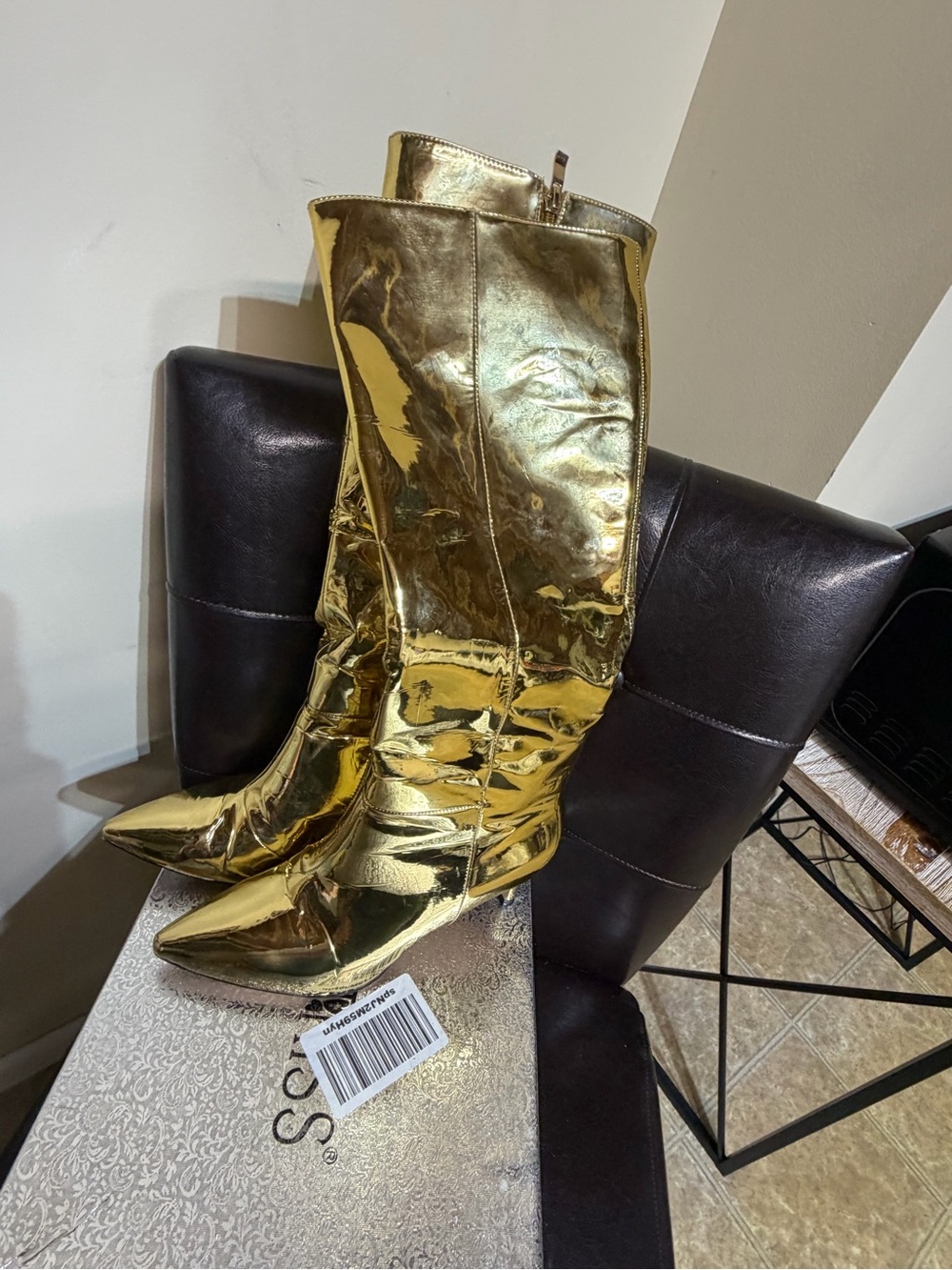 Women's Metallic Gold Knee-High Pointed Toe Boots